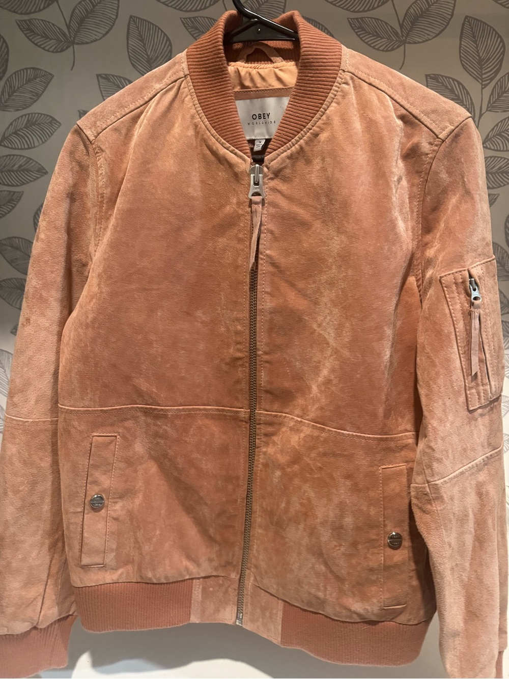 Obey WOMENS (medium) Suede Bomber Jacket salmon color